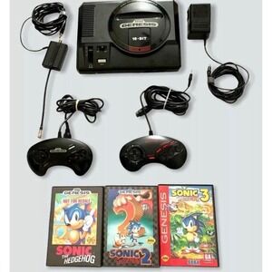 Sega Genesis Bundle. Console, 2 Controllers with Sonic the Hedgehog 1 2 3. A+